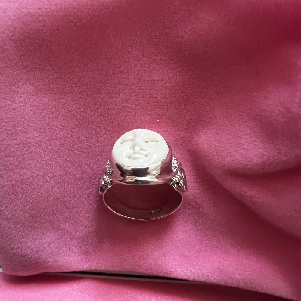 Handcrafted Bone Face Ring β’ 925 Sterling Silver β’ Carved Moon Goddess Style - Picture 3 of 5